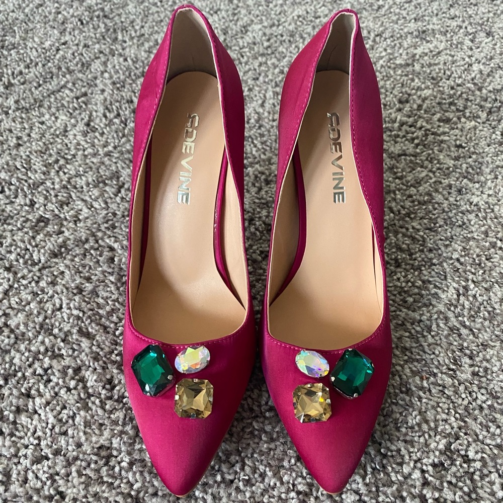 Berry Colored Jewel Toe Satin Stiletto Pump